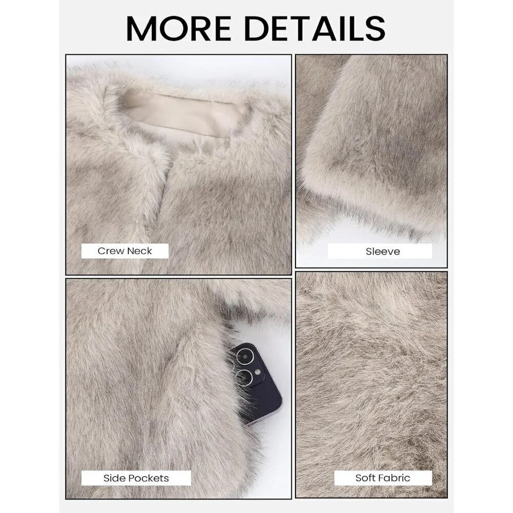 Women's Grey Wyeysyt Faux Fur Cropped Coat Fluffy Open Front Warm Winter Jacket - Picture 7 of 8